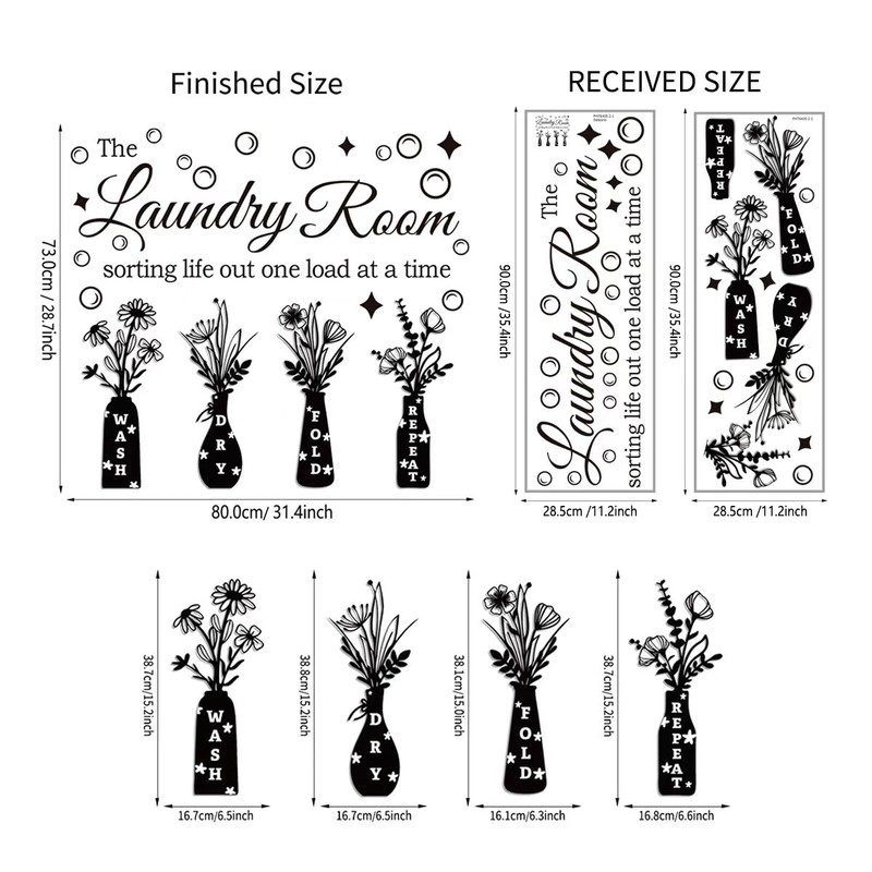 Laundry Room Wall Decal, Wash Dry Fold Repeat Flower Vase