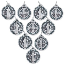Caritas et Fides Bulk Pack of 10 - St. Benedict Medal Pendant - 3/4 Inch Round Silver Oxidized St. Benedict Medals for Necklace, Medals for Jewelry Catholic, Made in Italy