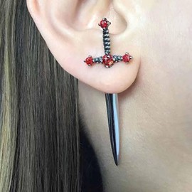 Cimenexe Punk Sword Earrings Gothic Ruby Sword Ear Jacket Earrings Black Crystal Dagger Earrings Vintage Ruby Sword Stud Earrings Jewelry for Women and Girls Gifts