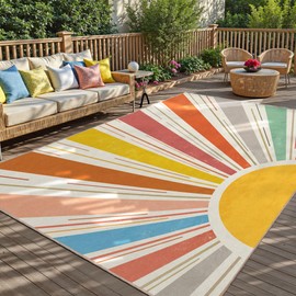 Multicolored Outdoor Indoor Area Rug Boho Sun Rainbow Washable Outdoor Patio Rugs Medieval Aesthetic Vintage Abstract Art Non-Slip Carpet for Living Room, Patio, Porch, Pool Deck (5x8)