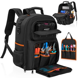 LASUK Tool Backpack, Heavy Duty Tool Bag with Padded Shoulder and Removable Tool Organizer, Water-Resistant Work Backpack, for Electrician, Plumber, HVAC, Cable Repairman, Black & Orange
