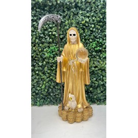 Moviebros Santa Muerte Holding Scythe in Gold Robe Statue 13"" Inch Skull,Skeleton, 78340
