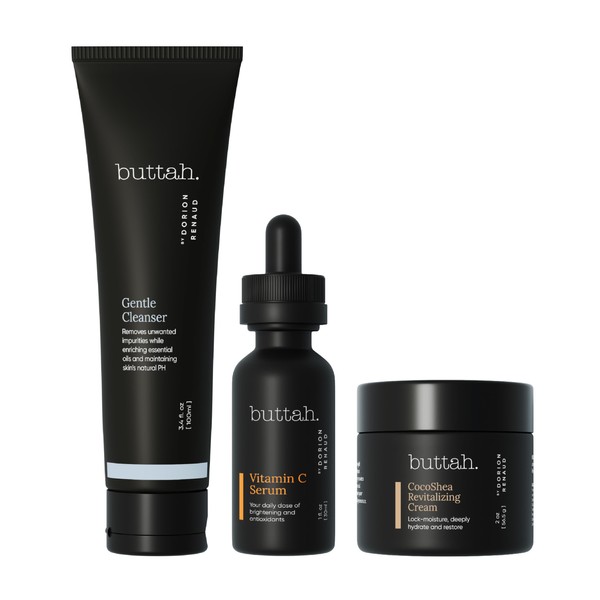 Buttah Skin Transforming Kit for Melanin Rich Skin | CocoShea Revitalizing Cream 2 oz | Vitamin C Serum 1 oz | Buttah Cleanser 3.4 oz | Black Owned Skincare