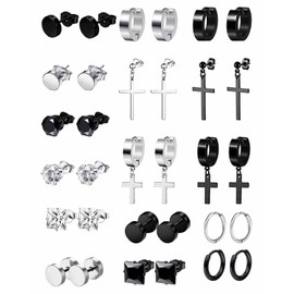 16 Pairs Stainless Steel Punk Hoop Earrings for Men Women Small Kpop Huggie Earrings Gothic Hoop Black Earrings Round Zirconia Cross Hoop Earrings Huggie Earring Stud Earrings Silver Black, Stainless