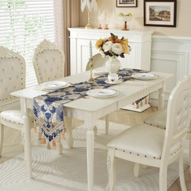 Luxury Vintage Embroidery Jacquard Floral Table Runner with Multi-Tassels for Dining Wedding Christmas (11x82 inch, Blue)