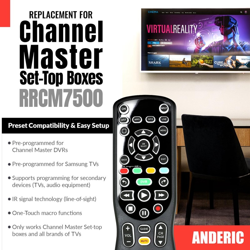 ANDERIC RRCM7500 for Channel Master DVR Remote Control CM7500XRC2 Replacement