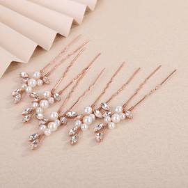 Teyglen 5pcs Bride Rhinestone Wedding Hair Pins Set Bridal Crystal Pearl Hair Pins Clips Elegant Hair Jewelry Accessories for Women Crystal Wedding Headpiece (Rose gold)