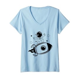 Womens Cute Rocketship Surfing Astronaut in Outer Space for Kids V-Neck T-Shirt