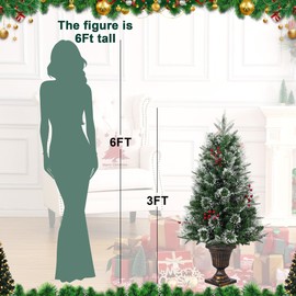 3ft Pre-Lit Artificial Mini Christmas Tree with Multicolor Led Lights & Potted Base, Battery Operated Snow Flocked Tree for Home & Desktop Xmas Decor