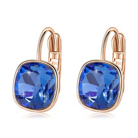 Austrian Crystal Square Cushion Drop Leverback Earrings for Women 14K Rose Gold Plated Hypoallergenic Jewelry (Sapphire)