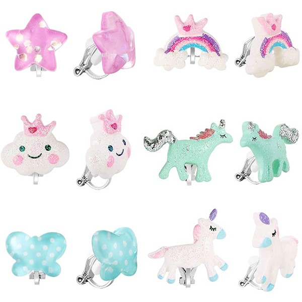 PinkSheep Clip On Earrings for Girls Kids 12 Pairs Toddler Earrings Kawaii Ladybug Unicorn Rainbow Princess Earrings Girl Gift