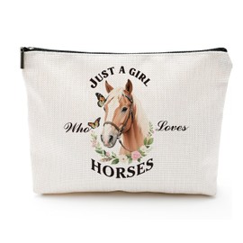 heshengzaixian Horses Flowers Makeup Bag,Just a Girl Who Loves Horses Cosmetic Bag,Horse Gifts for Girl Women Animal Lovers, Waterproof Zipper Linen Toiletry Beauty Bag Travel Case Accessories Pouch