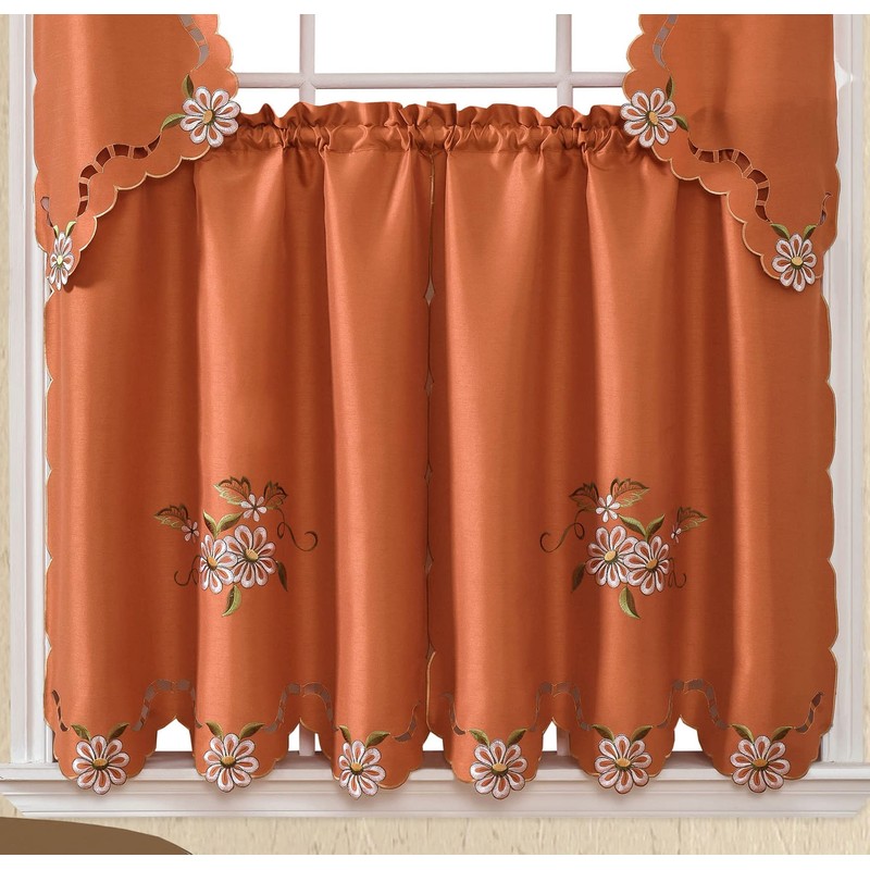 GOHD Cutwork Floral. Kitchen Curtain Set. Swag Valance and Tier