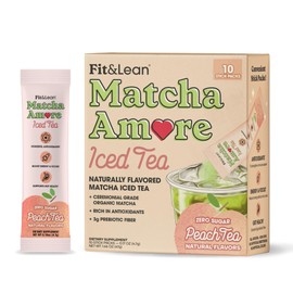 Fit & Lean Matcha Amore Iced Tea, Organic Ceremonial Grade Matcha Green Tea, Prebiotic Fiber, L-Theanine, Naturally Sweetened, NON-GMO, 0 Sugar, Peach Iced Tea, 10 Stick Packs