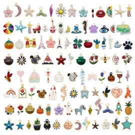 60 Pieces Assorted Gold Plated Enamel Pendants Charms Necklace Bracelet Animal Moon Star Fruit Dainty Dangle Charm Pendant for Jewelry Accessories DIY Making and Crafting (30Pairs)