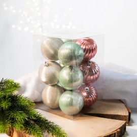 Plastic Christmas Baubles Pink/Mint - Pack of 12 Diameter 6 cm Decorative Baubles Christmas Tree Decoration Mix Matt Patterned Shiny