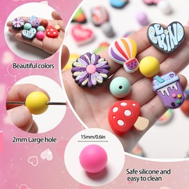 LIENATSER 80 Pcs Leisure Food Silicone Focal Beads Bulk, 50 Pcs Colorful Silicone Beads 30 Pcs Round Spacer Beads for Pens Keychains Making DIY Gift Crafts Decoration Necklace Bracelet Jewelry