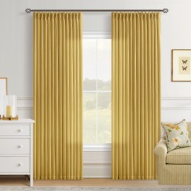 Mustard Yellow Linen Curtains Pinch Pleated 84 Inches Long 2 Panels for Living Room Dining Pinch Pleat Light Filtering Boho Retro Bedroom Window Curtain Spring Ochre Yellow Gold Autumn Fall Decor