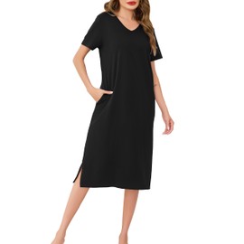 Wikoan Nighties for Women Cotton Nightdresses & Nightshirts Soft Long Nightgown Short Sleeve Loungwear Sleepwear with Pockets,Black,S
