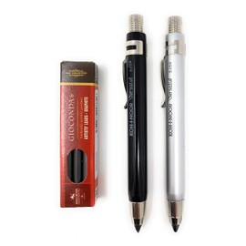 KOH-I-NOOR 5359 - Set of 3, Mechanical Clutch Lead Holder Pencil 5.6mm with Clip - silver and black and refills 2B