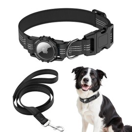HDDTTZ AirTag Dog Collar and Leash, IP68 Waterproof Integrated with Reflective, Ultra-Durable, Comfortable Padded, Heavy Duty Dog Collars for Small Medium Large Dogs, L (14.8"-20.3"), Black
