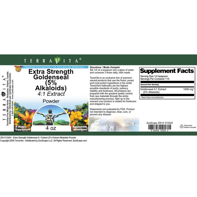 Extra Strength Goldenseal 4:1 Extract (5% Alkaloids) Powder (4 oz,
