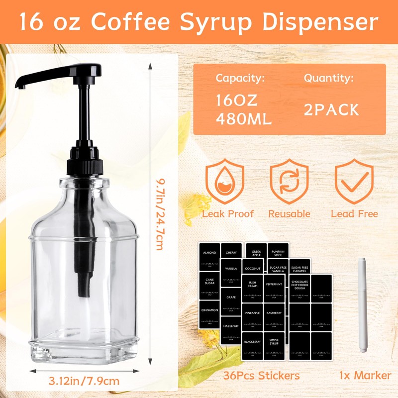 BIGIVACA Coffee Syrup Dispenser 16 oz 2 Pack,Clear Glass Syrup