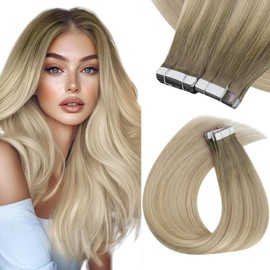 Sunny Hair Tape in Hair Extensions Human Hair Invisible Tape in Hair Extensions Straight Tape in Extensions Hair Extensions for Women 20Pcs 24inch Cool Ash Grey Balayage Blonde