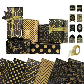 Birthday Wrapping Paper Set, 6 Sheets Metallic Black Gold Foil Wrapping Paper, Luxury Gift Wraps Set with Tags for Boys Girls