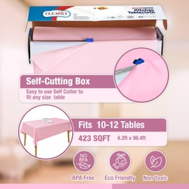 PINK Disposable Plastic Party Tablecloth Roll Fits 10 - 12 Tables Decorative Soft Pink Table Cover 54 Inch. x 108 Inch Rectangle 8 feet Picnic Covering for Baby Shower, Wedding, Anniversary