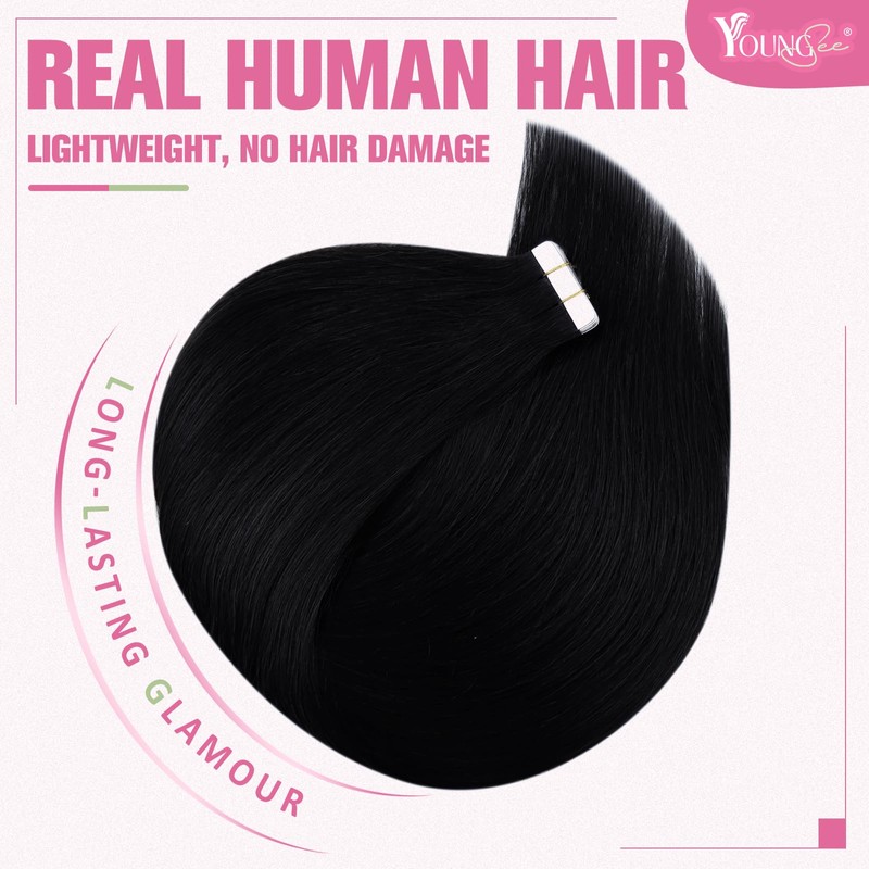 YoungSee 65 cm Tape Extensions Real Hair Black Invisible Tape-In