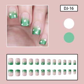 St. Patrick's Day Press on Square Short Nails 24Pcs Artificial Fake Nails with Clover Designs Shamrocks Glossy Full Cover Acrylic Reusable False Nails Glue Stick on Fingernails for Women Girls