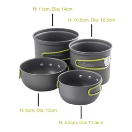 Andes Portable 3-4 Person Aluminium Camping Hiking Pot & Pan Cookware Set