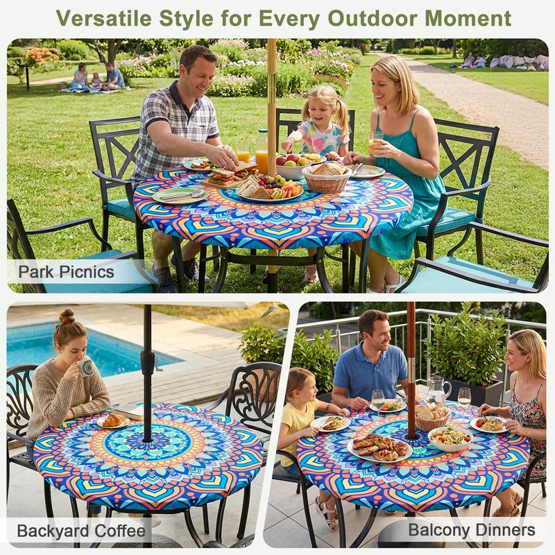 pickyNproud Round Tablecloth with Umbrella Hole and Zipper, Waterproof Wipeable