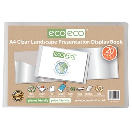 eco-eco A4 50% Recycled 20 Pocket Clear Landscape Presentation Display Book, Storage Case Portfolio Art Folder with Plastic Sleeves, eco175
