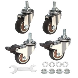 PATIKIL 1.5 Inch Stem Casters Wheel with Brake, 4Pcs (2 with Brake) Low Profile TPR Threaded Swivel Wheel 360° Quiet Rotation M8x15 mm Total Load 165 Lbs for Rolling Cart Furniture, Brown