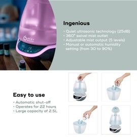 Babymoov Hygro Plus Cool Mist Humidifier 3-in-1 Humidity Control, Multicolored Night Light & Essential Oil Diffuser Easy Use and Care (NO Filter Needed)