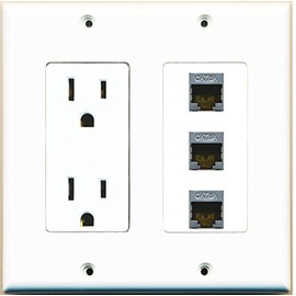 RiteAV - (2 Gang Decorative 15 Amp 125 Volt Power Outlet and 3 Cat6a Ethernet Wall Plate White