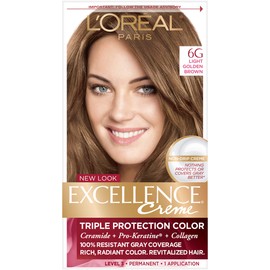 L'Oreal Paris Excellence Creme Permanent Hair Color, 6G Light Golden Brown, 100 percent Gray Coverage Hair Dye, Pack of 1
