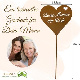 Gift for Mum Garden Stake 32 cm – For the Best Mum in the World – Heart Rust Stake Metal Weatherproof Garden Decoration Outdoor