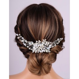 Wekicici Silver Opal Rhinestone Wedding Hair Comb Bridal Pearl Crystal Hair Comb Headband Flower Headpiece for Wedding Hair Accessories for Women Party Prom Hair Piece (Opal)