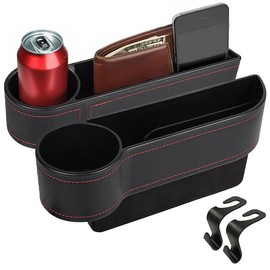 EcoNour Car Seat Gap Filler with Cup Holder (25.4 x 15.2 cm) | Auto Console Organizer in Between Front Seats for Holding Phone, Drink and Cards | Travel Accessories with 2 Headrest Hooks