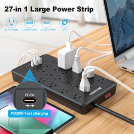 Power Bar with USB C, Surge Protector Power Strip with 22 Outlet & 3 USB A Ports & 2 USB C Port, 1875W/15A Multiplug with Flat Plug, 6 Ft Extension Cord for Home Office