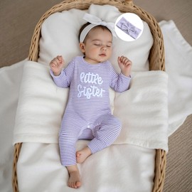 mlpeerw Newborn Baby Girl Clothes Little Sister Romper Waffle Stripe Jumpsuit And Headband Coming Home From Hospital Outfit (Little Sister Purple, Newborn)