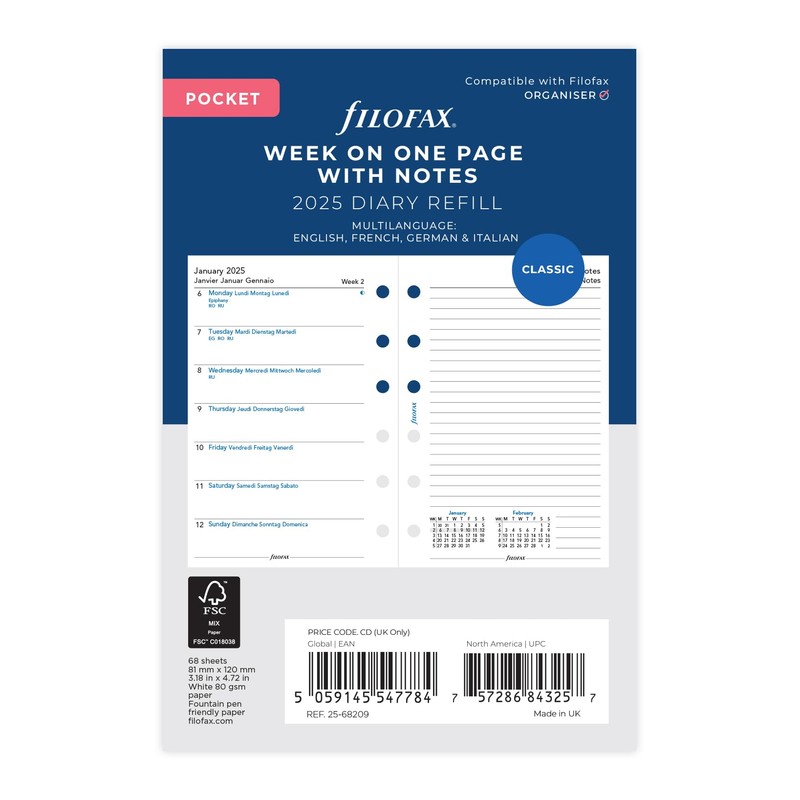 Pocket Week per page with notes 4 language 2025