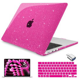 Teryeefi Compatible with MacBook Air 15 inch Case M4 M3 M2 Chip 2025 2024 2023 Release A3241 A3114 A2941 Model with Keyboard Cover + Type C Adapter for Air 15.3 Sparkly Case, Glitter Rose Pink