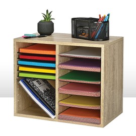 Adir Wooden Literature Organizer Sorter - Stackable File Mail Craft Paper Storage Holder with Removable Shelves for Office, Classrooms, and Mailrooms Organization (12 Compartment, Medium Oak)