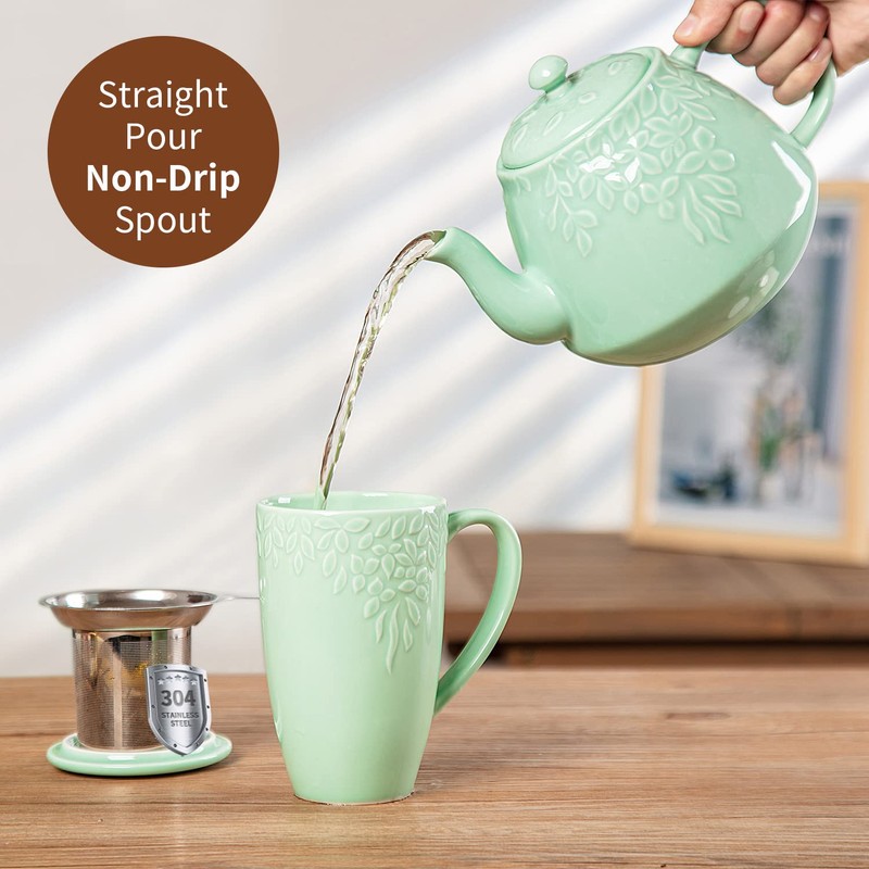 Toptier Leaf Teapot, Porcelain Tea Pot with Infuser and Lid,