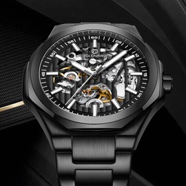 GLENAW Mechanical Skeleton Watch for Men Automatic Self-Winding Wrist Watch with Open Aperture Dial Classic Mens Watches Sliver & Black