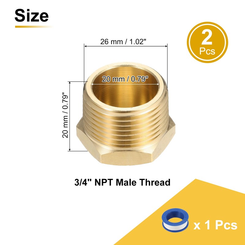 sourcing map 2Pcs Brass Hex Head Plug Compression Cap Fitting